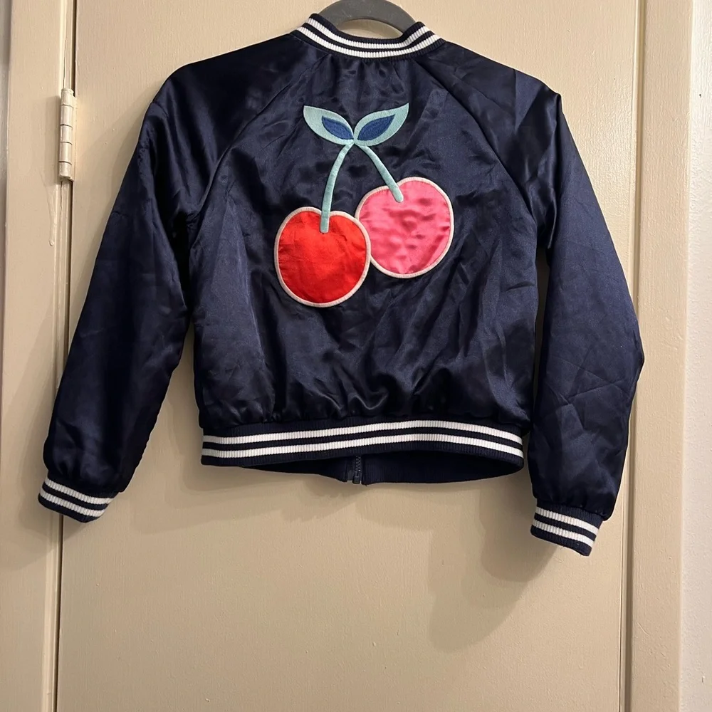 Gymboree Girls Cherry Letterman Jacket Size Large 10-12‎ Satin Navy